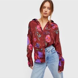 Free People silky nights red floral smooth button-down long-sleeve shirt Size M